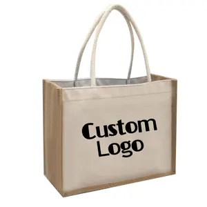 Factory Wholesale Sustainable Grocery Shopping Gift Bags Eco-friendly Canvas Jute Tote Bag with Cotton Handles