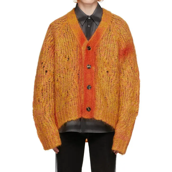 Custom LOGO Men oversized mohair Cardigan Knitwear Knit Mohair Wool Man fuzzy V Neck Front Buttons Cardigan Sweater