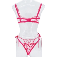 Ensemble de soutien-gorge push-up romantique en dentelle et maille, lingerie sexy avec motif de cœur brodé, lingerie transparente pour femmes, Saint-Valentin