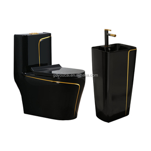 Ensemble de toilettes en céramique sanitaire en marbre noir avec bordure dorée, lavabo <span class=keywords><strong>colonne</strong></span> de luxe - Product Image 1