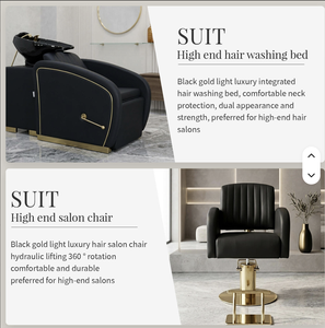 Sillón de peluquería reclinable ergonómico personalizable, sillón de barbero hidráulico, lujoso estilo moderno de salón en cuero PU negro y dorado - Product Image 1