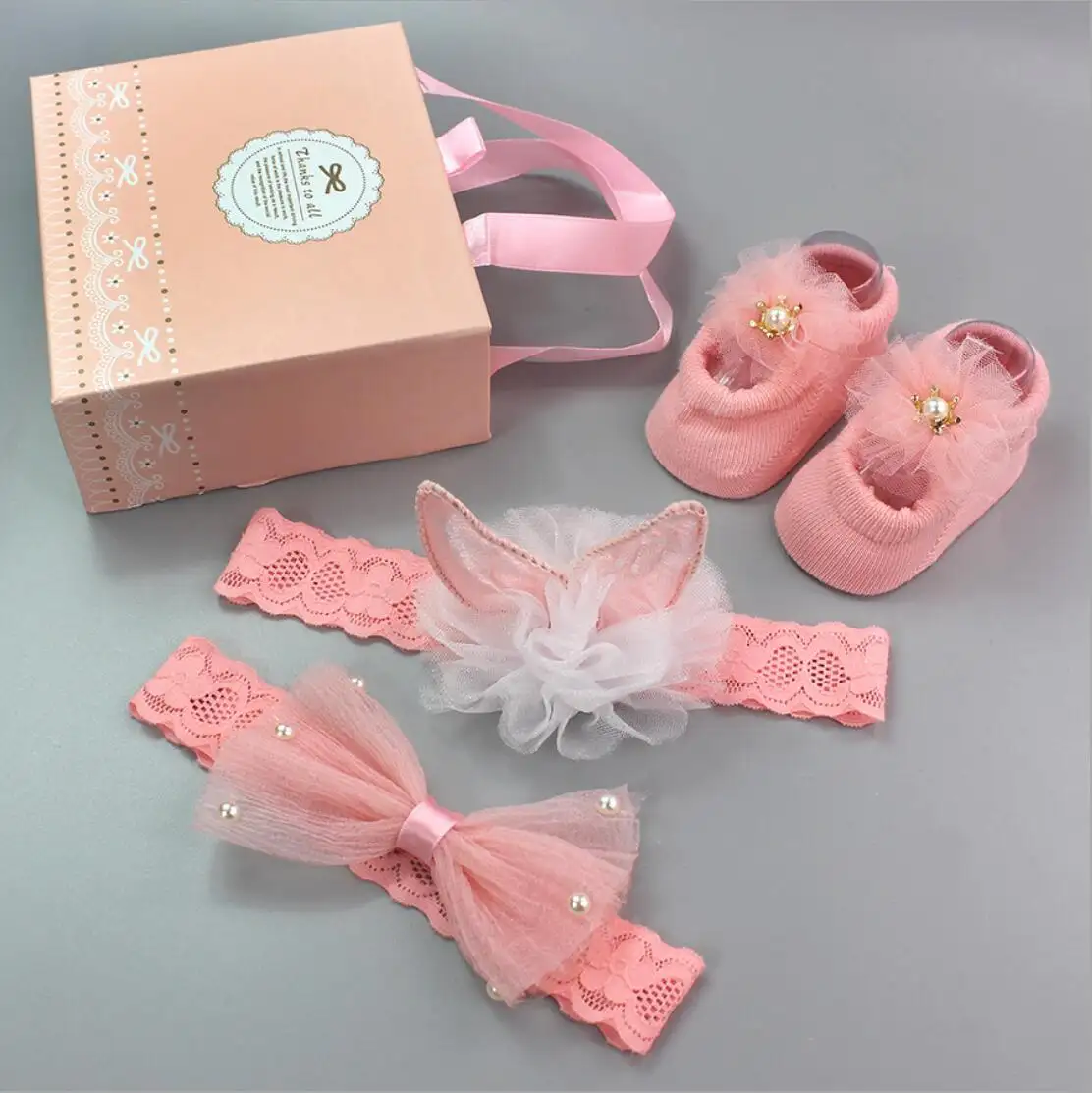 Meias e faixa de cabeça para bebês recém-nascidos, caixa de presente para decoração