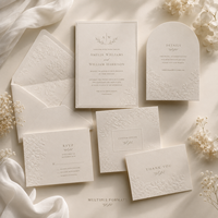 Invitation de mariage personnalisée intemporelle en relief, motif floral crème minimaliste avec cartes RSVP et de remerciement assorties