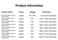 Panneau solaire 6V/18V 6W 8W 10W 12W 15W 20W 30W 50W 60W 80W 100W 120W 150W 180W 200W 250W 300W 350W 400W 450W 500W 550W 600W 700W