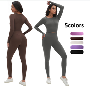 新款无缝瑜伽套装紧身打底裤长袖O形上衣2件套健身房健身锻炼跑步运动服女性 - Product Image 1