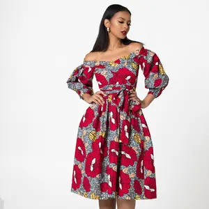 China Garment Factories Custom Logo Fashion Design Summer African Wax Print Off Shoulder Women Dresses