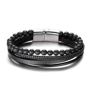 Bracelet en cuir pour hommes, bijou en perles naturelles et tressé, en acier inoxydable, avec fermeture magnétique