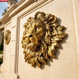 YOUFINE Sculpture murale dorée en bronze Tête de lion, moulée à la main, relief 3D, pour la décoration de portails de villas européennes, de cours et de murs en pierre - Product Image 1