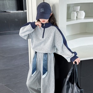 Ensemble de sport pour filles 2025 automne nouveau sweat court à blocs de couleurs ruban <span class=keywords><strong>pantalon</strong></span> large ensemble deux pièces pour les enfants plus âgés - Product Image 6