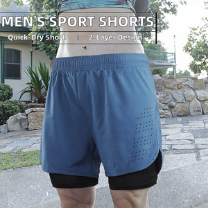 Shorts de course décontractés pour hommes en toile double couche noire, séchage rapide, pour fitness et entraînement, taille élastique, très demandés - Product Image 3