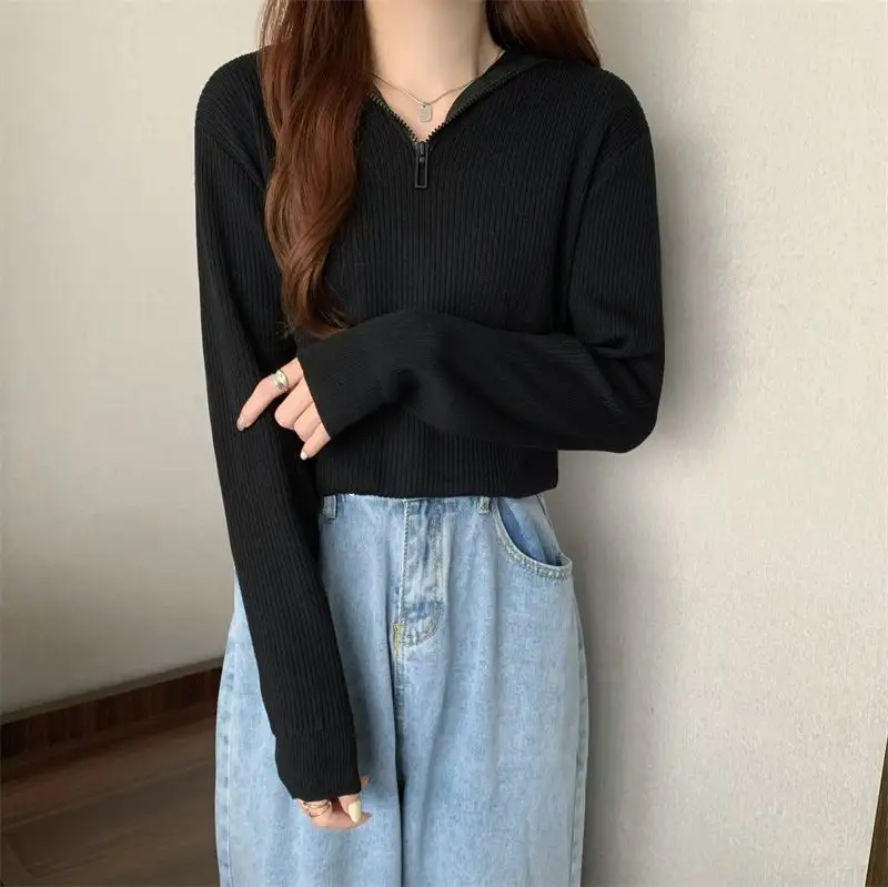 Versión coreana suéter versátil de manga larga con capucha y cremallera suelta y delgada para mujer 2023 nuevo jersey versátil de color sólido K