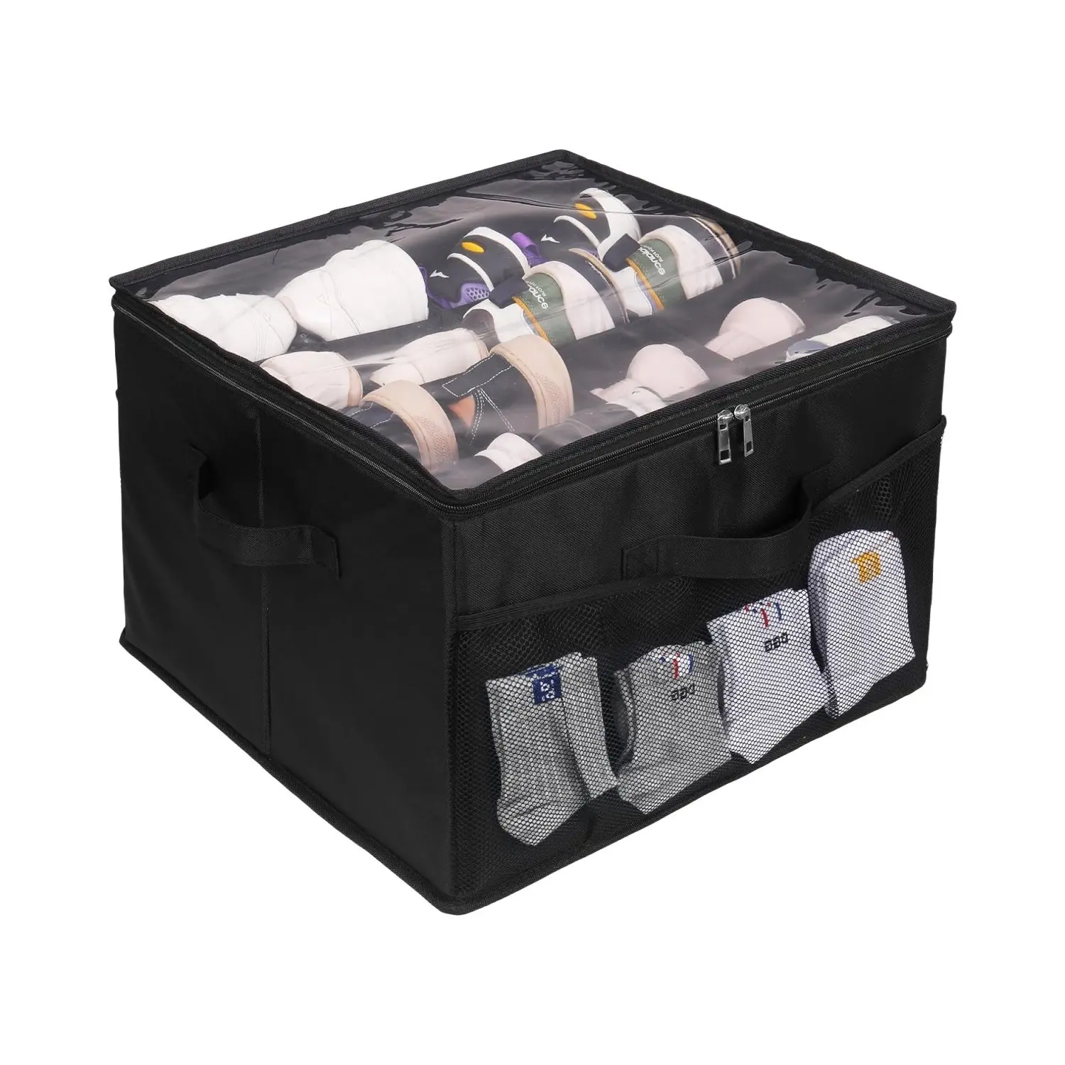 Caja de almacenamiento de zapatos de tela plegable de 16 rejillas, forma rectangular con mango de tapa transparente de PVC a prueba de polvo para organizar almacenar zapatos