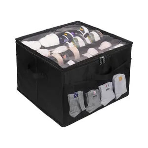 16-Grid Foldable Fabric Shoe Storage Box Rectangle Shape with PVC Transparent Dust-Proof Lid Handle for Organizing Storing Shoes