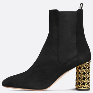 Solid Sexy High Round Heels Women Square Toe Suede Ankle Boots Gold Cut Out Chunky Stiletto <b>Shoes</b> Stretchy Upper Short - Product Image 6