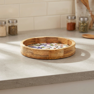 Plateau de service rond en bois avec motif floral, pour la décoration de la maison - Product Image 2