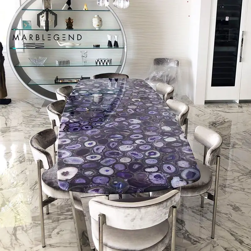 Customized Natural Marble Stone Translucent Purple Agate Dining Table Tops Slab