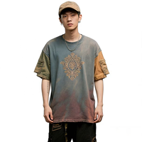 T-shirt vintage pour homme en coton 100% respirant et écologique, col rond côtelé, ourlet vieilli, imprimé gothique brodé rétro personnalisé