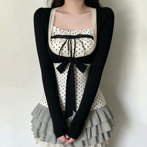 Sweet girly bow polka dot <b>white</b> strapless lace spliced tie front <b>cropped</b> <b>long</b> <b>sleeve</b> cardigan <b>top</b> set - Product Image 4