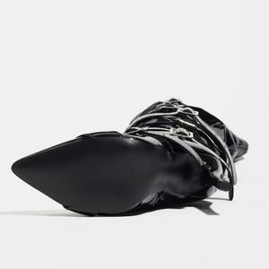 Bottes de moto punk pour femme, à talons hauts, au-dessus du genou, à bout pointu, cloutées, avec fermeture éclair et boucle de ceinture, pour l'hiver - Product Image 5