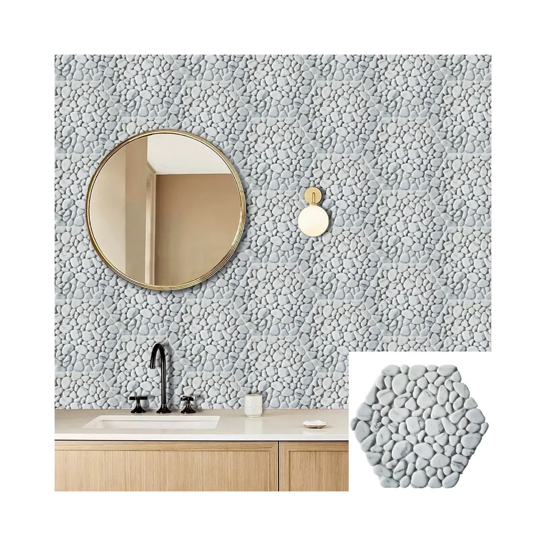 Beige color crema guijarro redondo backsplash mármol piedra vidrio mixto mosaico mural decoración mosaico azulejos de la pared