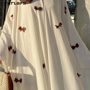 Vestido Maxi de Gasa Blanca Pura para Mujer con Lazo Marrón, Manga Murciélago, Cuello Redondo, Elegante, Casual, para Exteriores, Estilo Musulmán Modesto - Product Image 2