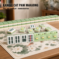 Set Mahjong Buatan Tangan Khusus Ubin Resin Hijau Cakar Kucing 3D Kawaii Bunga Pelangi Berkilau Logo Pribadi Hadiah Ulang Tahun untuk Anak Perempuan