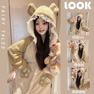 Ropa <span class=keywords><strong>de</strong></span> dormir Love Bear Coral Fleece Pijamas <span class=keywords><strong>Mujer</strong></span> Invierno Fleece-forrado Engrosado Cálido Con capucha Camisón <span class=keywords><strong>de</strong></span> franela Ropa para el hogar Traje - Product Image 6