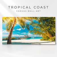 Impression murale de plage tropicale des Caraïbes, paysage marin avec cocotiers et îles, pour salon, hôtel, complexe hôtelier, intérieurs côtiers