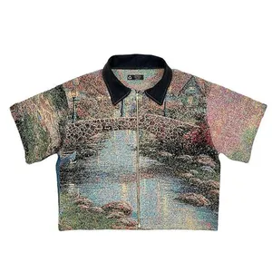 Diznew Short Sleeve Jacquard Pattern Streetwear Custom Woven Tapestry Shirts Men Button Up Shirt