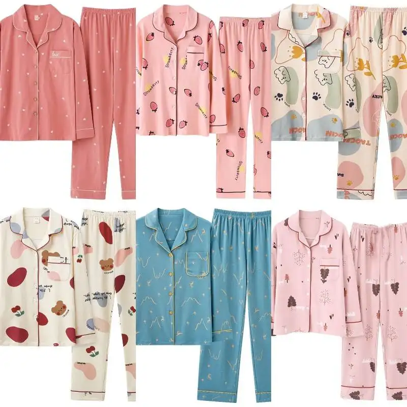 Güz pijama Lady 2 parça kıyafeti pamuk baskılı Nighty ev giysileri pijama tasarımcı pijama gece takım elbise kadınlar için