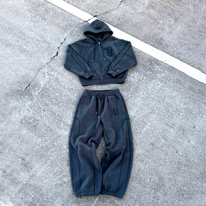 Ensemble sweat à capuche vintage jogger survêtement lourd en polaire pour hommes sweat à capuche zippé broderie logo couture inversée - Product Image 3