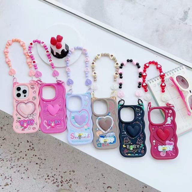 BAILI Factory Cute cat Ear Wave Edge 3D Heart Cartoon Accessories Pearl Chain Wristband Protective Phone case for Tecno Camon 18