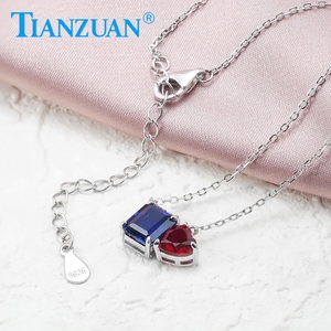 S925 plata esterlina azul real rectángulo corte esmeralda zafiro y sangre de Paloma rojo corazón forma rubí colgante collar - Product Image 4