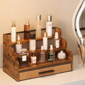 Tiroir de support de Cologne en bois à 3 niveaux Organisateurs de parfum rétro pour hommes Étagère de rangement <span class=keywords><strong>marron</strong></span> rustique pour soins de la peau et affichage de maquillage - Product Image 5