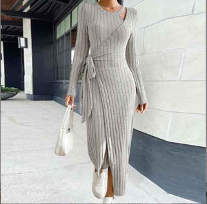Frauen Temperament einfarbig Rundhals ausschnitt Langarm Taille Freizeit kleid - Product Image 5