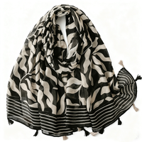 Nouvelle collection été Malaisie : Écharpe longue légère en viscose noire pour femme, motif fantaisie feuilles et fleurs, avec détails à pompons