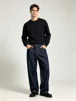 Pantalon en jean confortable pour homme, coupe large, plissé, avec surpiqûres contrastées, couleur indigo foncé, OEM ODM, vente en gros personnalisée