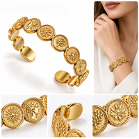 Bracelet manchette Mosen personnalisé en acier inoxydable plaqué or 18 carats avec motif pièce de monnaie vintage pour femme, bijou de luxe tendance.