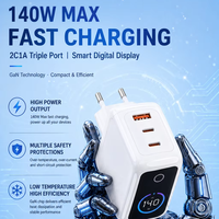 Pengisi Daya Cepat 140W GaN USB-C PD3.1 2C1A Multi-Port dengan Layar LED untuk Laptop, Ponsel, dan Tablet