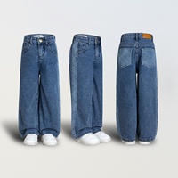 Pantalon en jean droit pour enfants en coton, style workwear, avec patchwork et empiècements, délavage enzymatique, fermeture bouton et zip, taille mi-haute, hiver