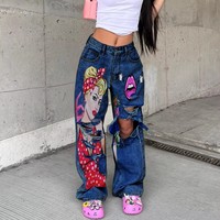 Jeans en denim Y2K en gros, style streetwear, coupe droite, imprimé pop art dessin animé, déchirés, pour femmes