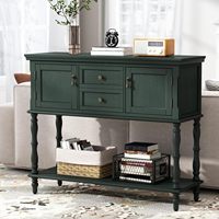 Console en bois vert non éclairée avec 2 tiroirs et armoires à portes ouvertes pour le mobilier de maison, idéale pour le salon, le hall d'entrée et le couloir