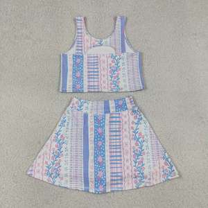 En stock: Conjuntos deportivos casuales de verano para niñas pequeñas, con estampado floral azul y rosa, top sin mangas y falda pantalón. Ropa de yoga y deportiva para hermanas. Venta al por mayor. - Product Image 2