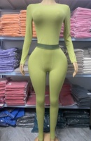 LOGO Kustom Musim Panas Kaos Ribbed Katun Berkualitas Tinggi Warna Kuning Pink Oranye Legging Panjang Wanita 2 Potong Baju Santai