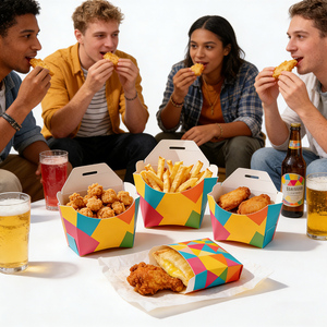 Colorful Self-Erecting Food <b>Boxes</b> with Handle Four-Color Printing Disposable Paperboard Rectangle Packaging for Snacks and Meals - Product Image 3