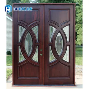 Pintu masuk kayu gaya Amerika rumah 8 kaki 42X80 desain mewah kayu mahoni pintu masuk eksterior depan pintu masuk