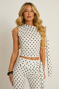 Slinky Fabric <b>White</b> Polka Dot Tie Shoulder Asymmetric Neckline Sleeveless Top and Matching Capri Length Pants <b>Set</b> Activewear - Product Image 4