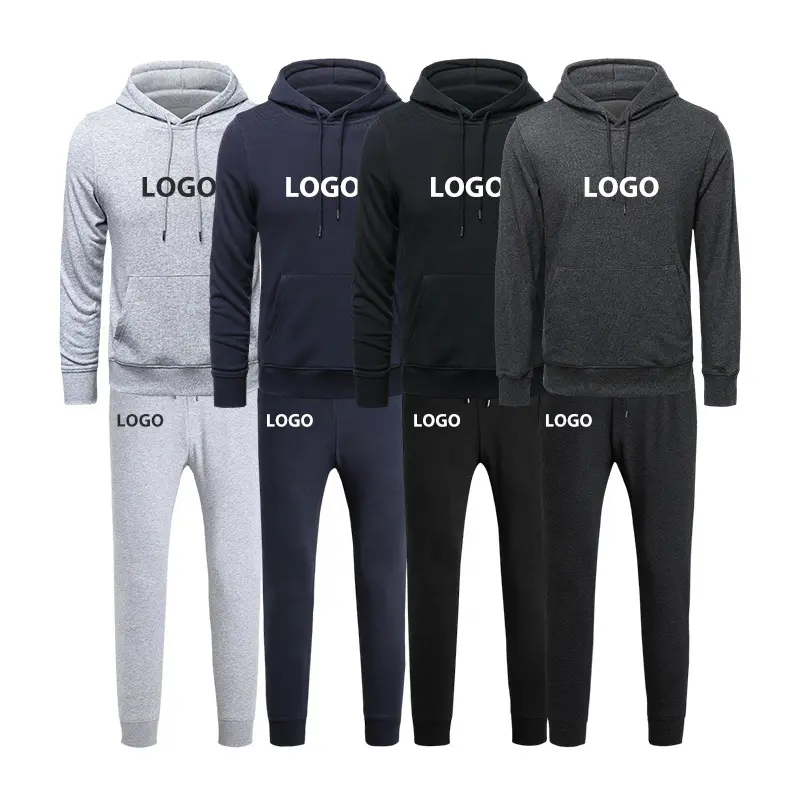 Özel Logo spor eşofman erkekler pamuk eşofman kış Fitness giysileri düz renk iki parça Hoodies seti