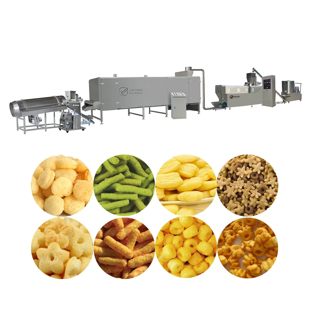 Gepofte Maïs Snacks Making Machine Hoge Nauwkeurigheid Corn Ball Maïs Cirkel Puffend Voedsel Snacks Tweelingschroefextruder Productielijn