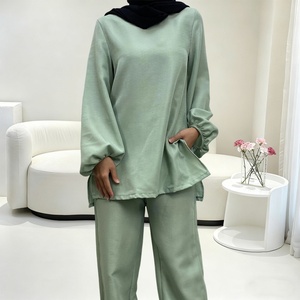 Muslim Women's <b>Modest</b> 2pcs <b>Set</b> - Split Sides Loose Top & Wide Pants with Pockets, Long Lantern Sleeve, Casual Daily Wear (2327) - Product Image 5